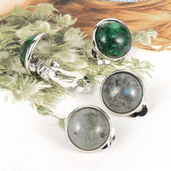 Pendientes con clip de cristal y cabujones de piedras preciosas naturales de 12 mm para mujer