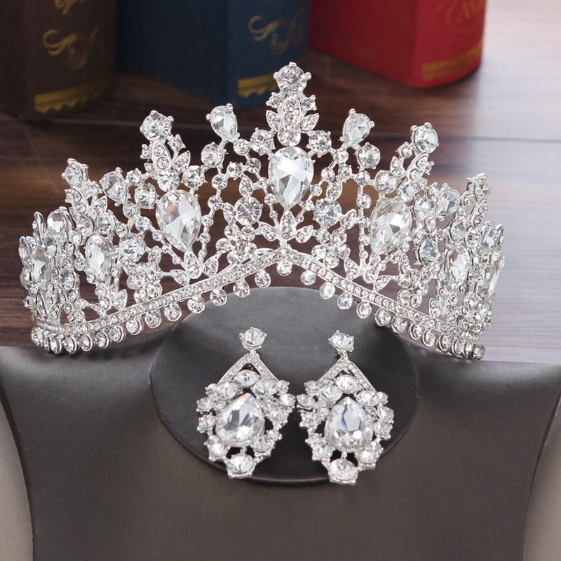 Rhinestone Tiaras Crown Necklace Earrings Jewelry Set