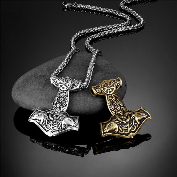 Collar con colgante de martillo de Thor Mjolnir y hacha para hombre