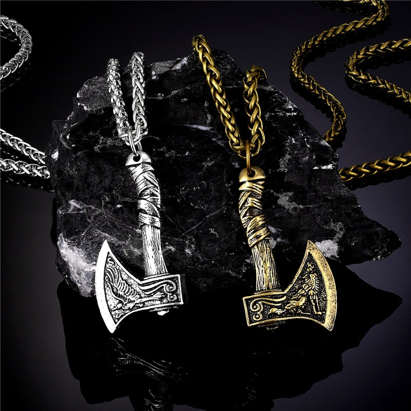Nordic Vikings Celtic Wolf Raven Axe Pendant