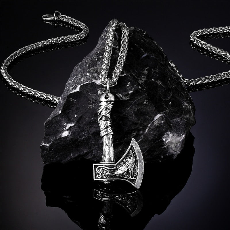 Nordic Vikings Celtic Wolf Raven Axe Pendant