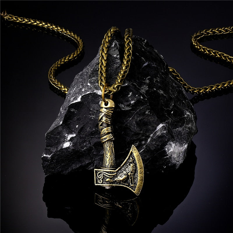 Nordic Vikings Celtic Wolf Raven Axe Pendant