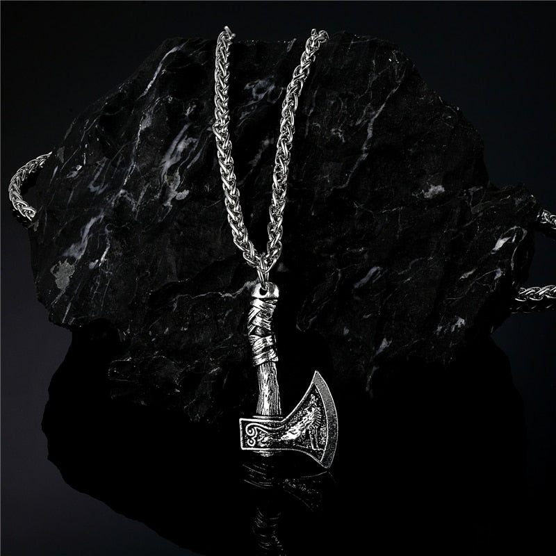 Nordic Vikings Celtic Wolf Raven Axe Pendant