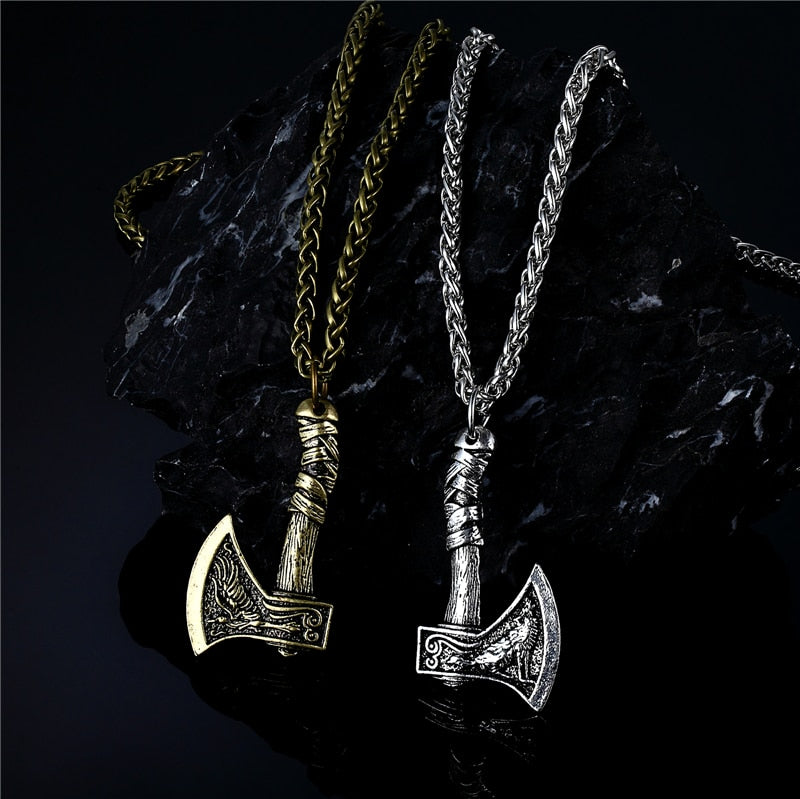 Nordic Vikings Celtic Wolf Raven Axe Pendant