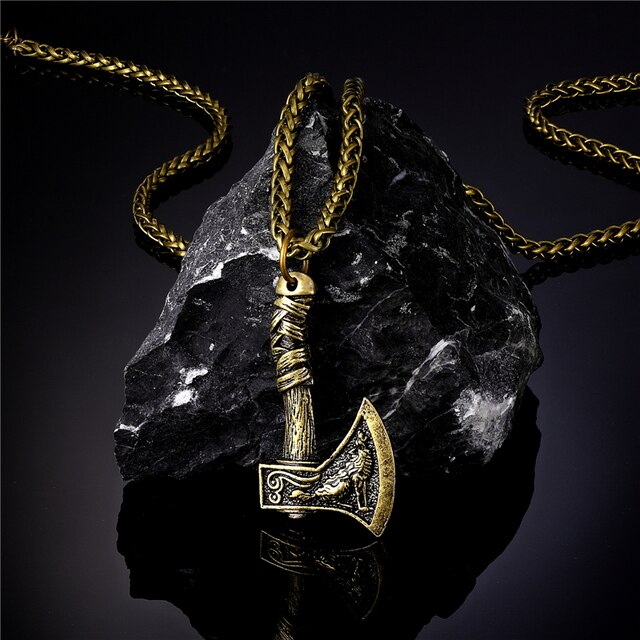Nordic Vikings Celtic Wolf Raven Axe Pendant