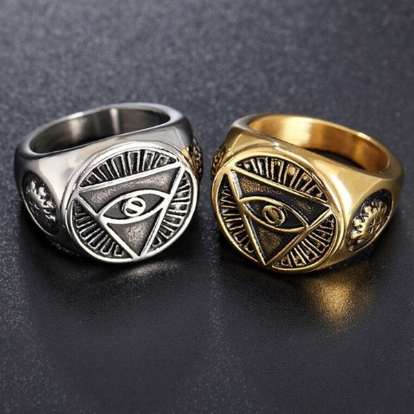 Anillo moderno con símbolo de pirámide del ojo que todo lo ve de los Illuminati