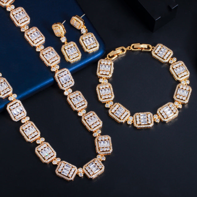 Zircons 3pcs Shiny Luxury Baguette CZ Bridal Wedding Jewelry Sets