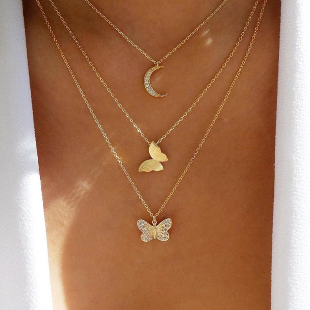 Alloy Double-Layer Clavicle Chain Butterfly Dangle Necklace