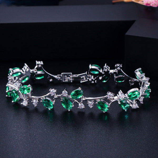 Silver Color Dark Blue CZ Crystal Leaf Chian Link Bracelet and Bangle