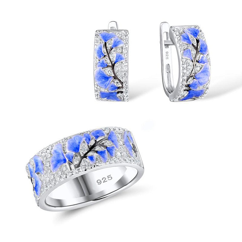Elegant  Blue Ginkgo Leaf Flower Silver Hoop Earrings Ring Set
