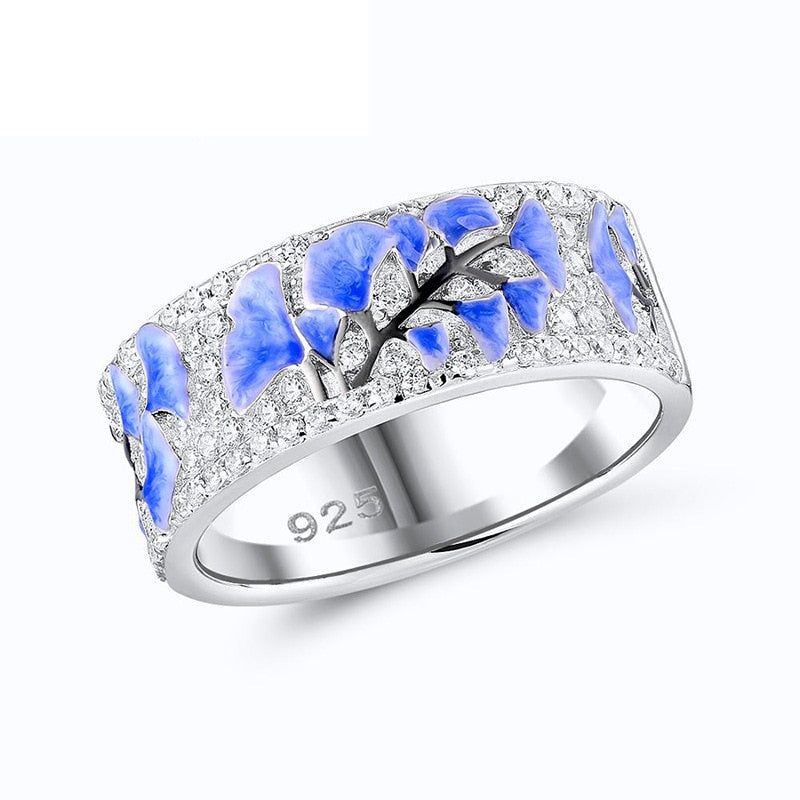 Elegant  Blue Ginkgo Leaf Flower Silver Hoop Earrings Ring Set