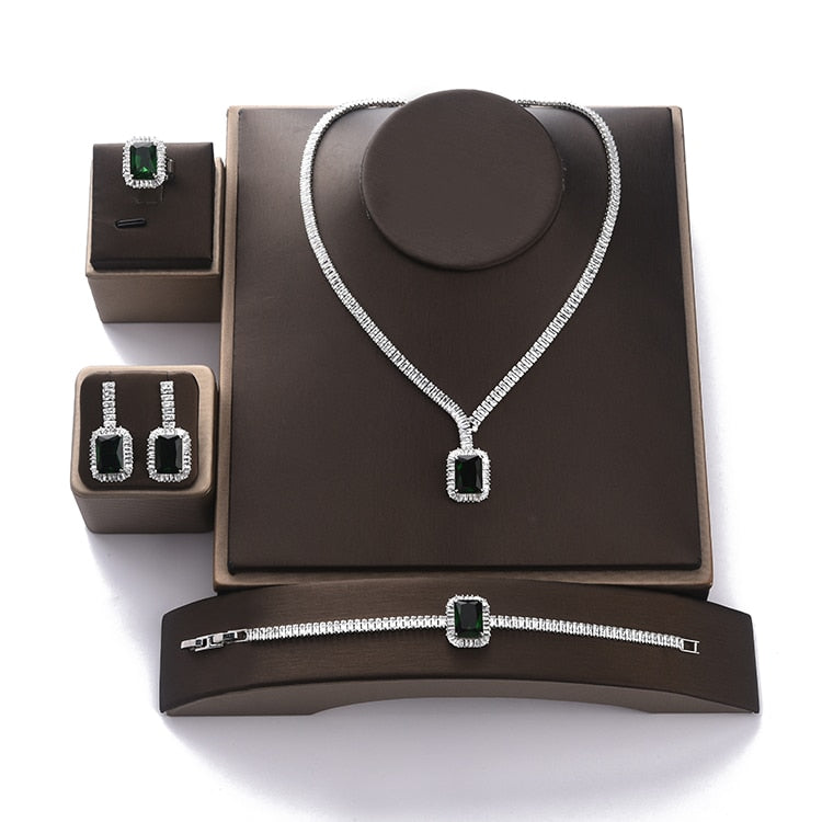 Square Zircon Necklace Earring Bracelet and Ring Set