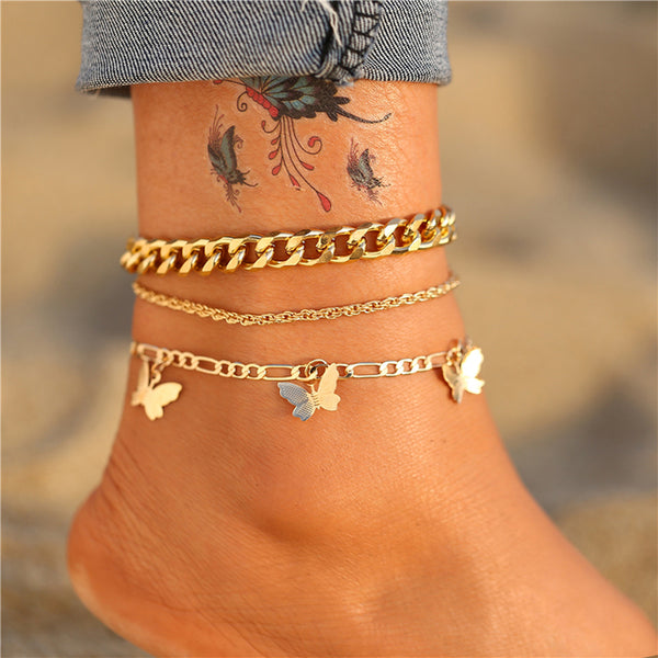 Conjunto de tobilleras con cadena de mariposa dorada bohemia para mujer