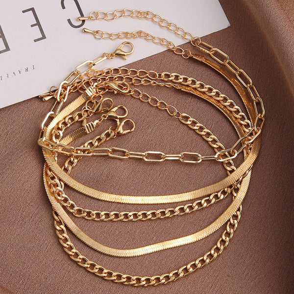 Tobilleras vintage sencillas de cadena de eslabones de serpiente de color dorado para mujer