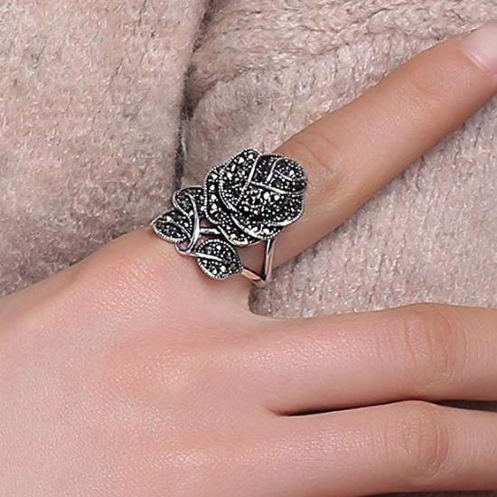 Black Rose with CZ Micro  Vintage Flower Rings