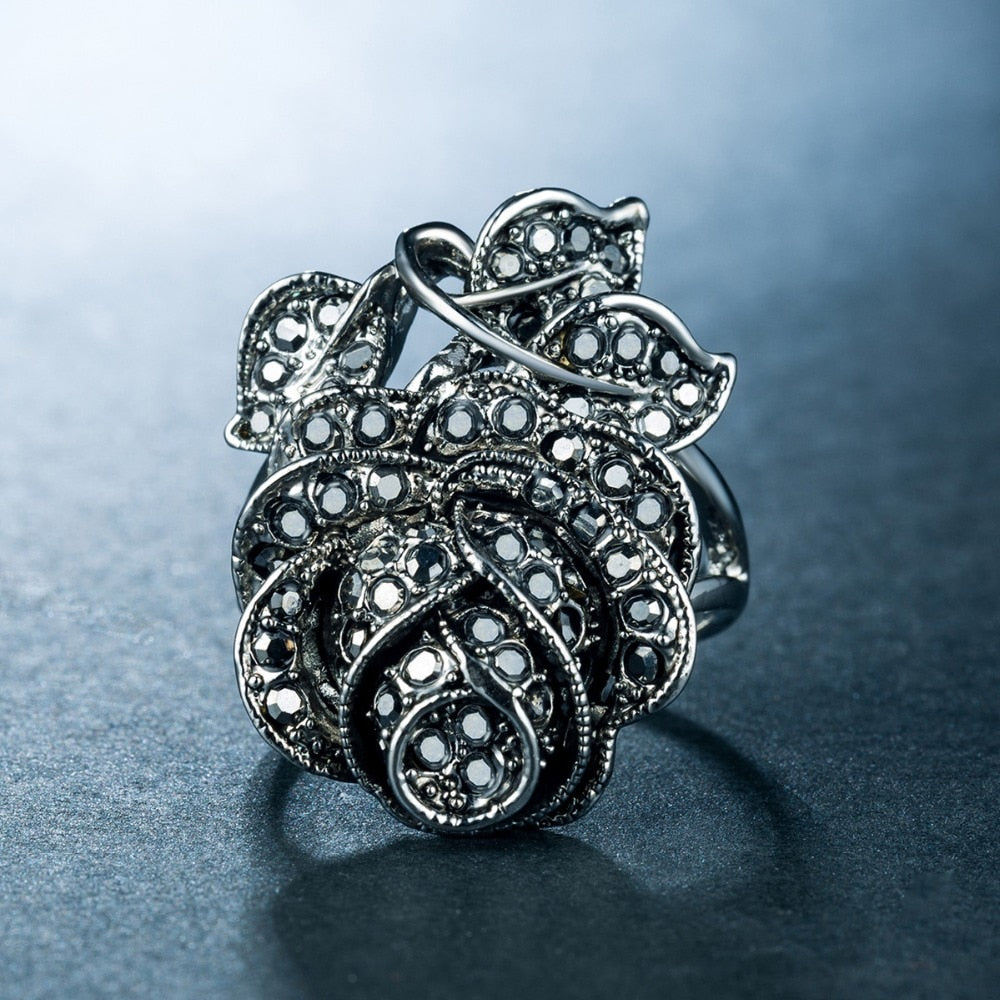 Black Rose with CZ Micro  Vintage Flower Rings