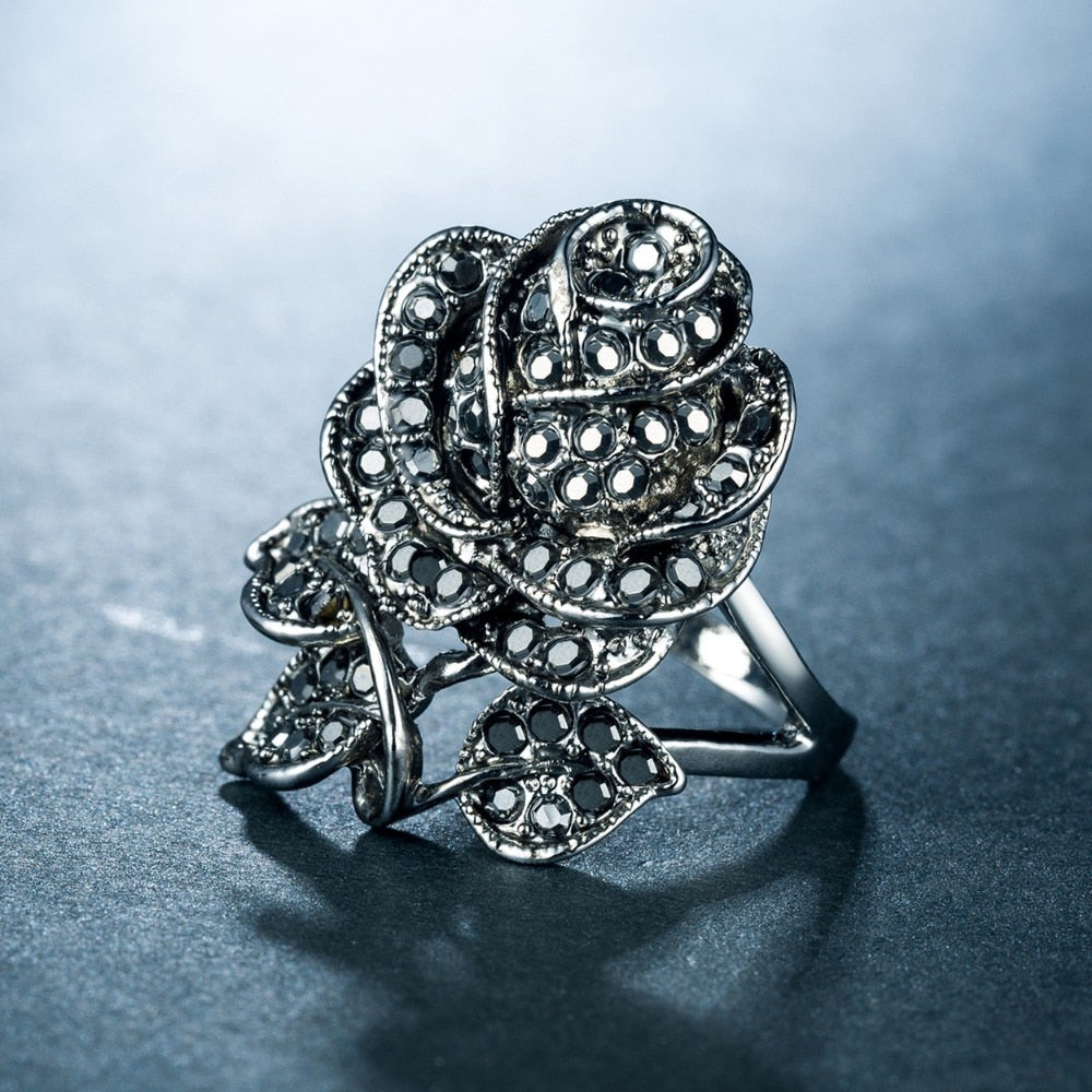 Black Rose with CZ Micro  Vintage Flower Rings