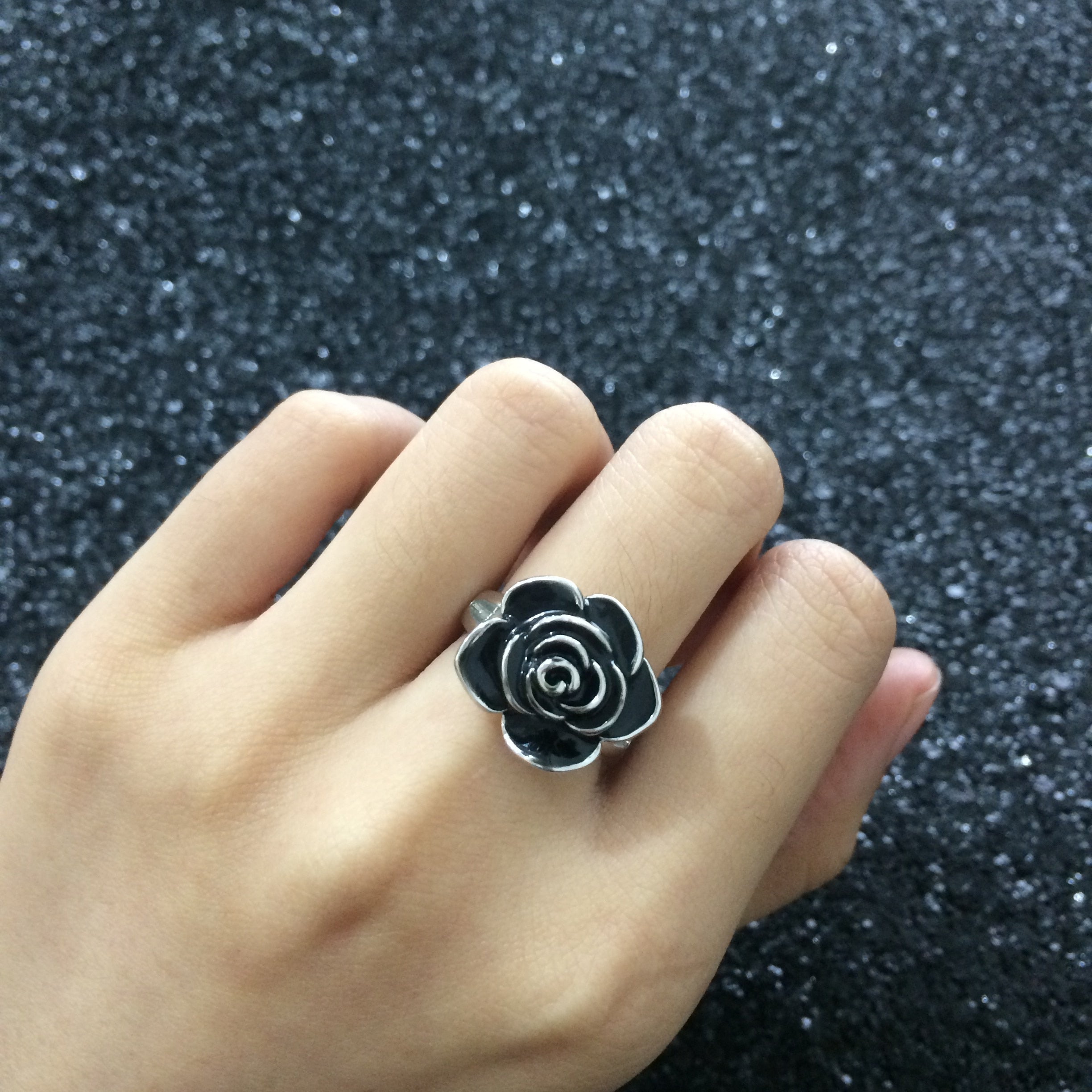 Black Rose with CZ Micro  Vintage Flower Rings