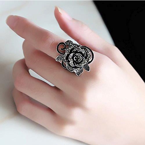 Black Rose with CZ Micro  Vintage Flower Rings