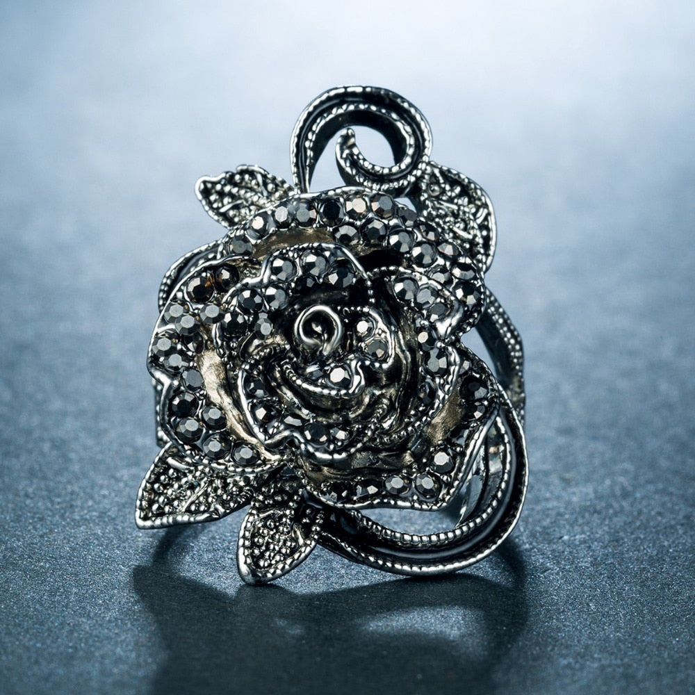 Black Rose with CZ Micro  Vintage Flower Rings