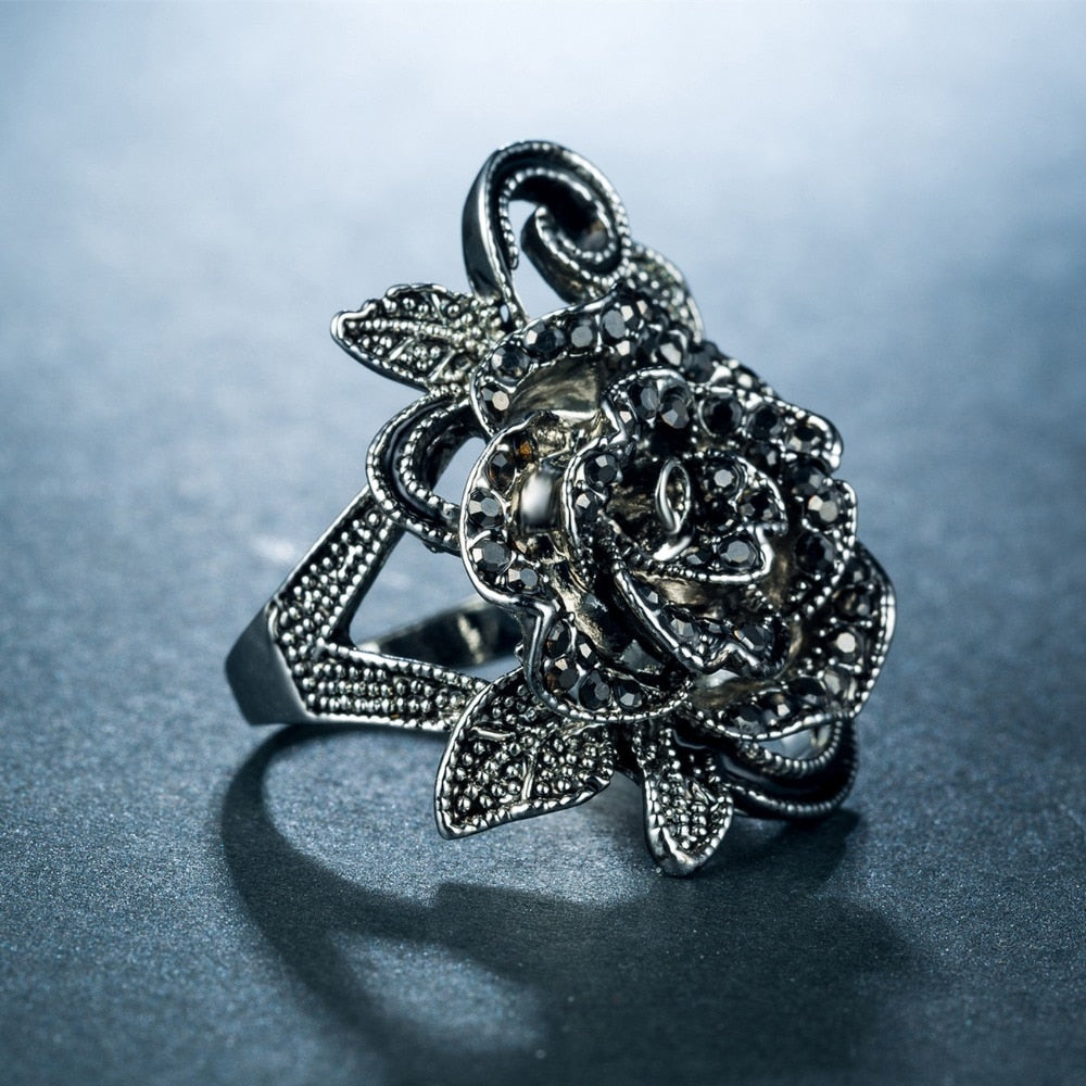 Black Rose with CZ Micro  Vintage Flower Rings