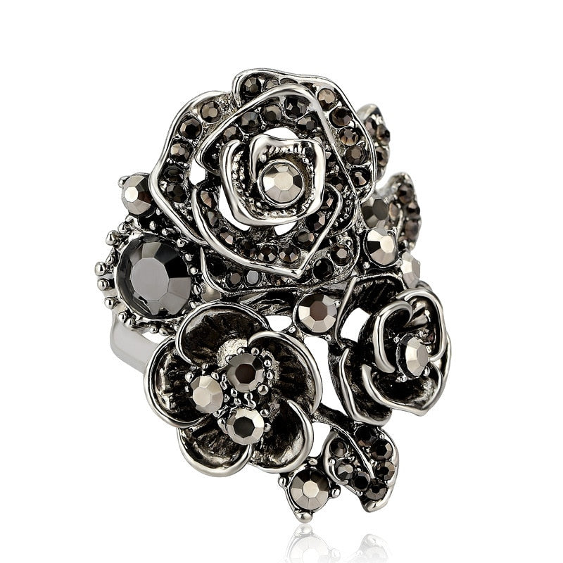Black Rose with CZ Micro  Vintage Flower Rings