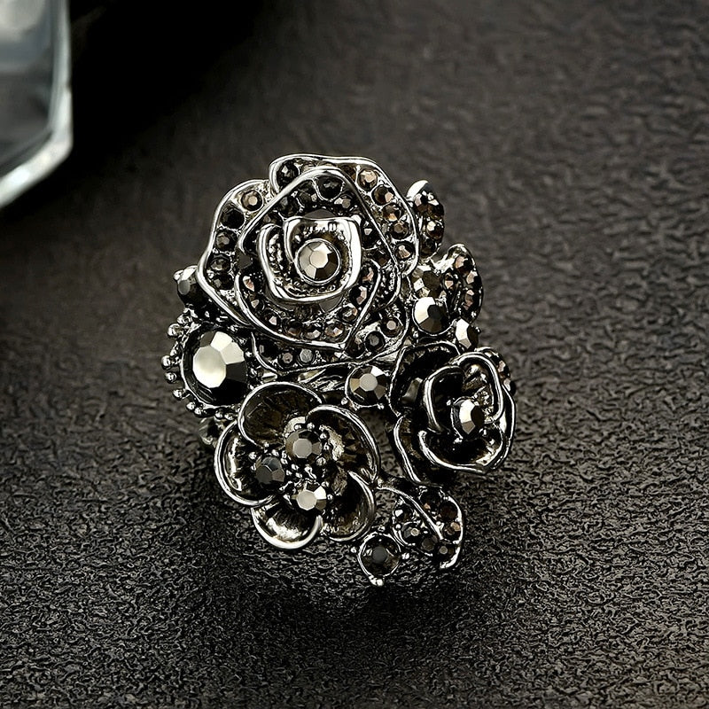 Black Rose with CZ Micro  Vintage Flower Rings