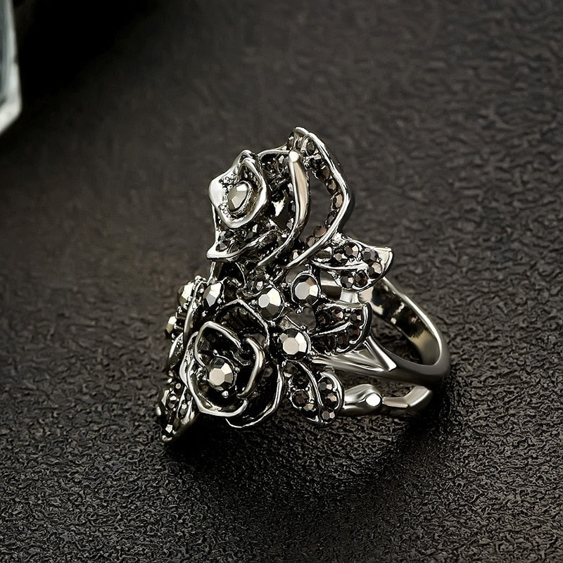 Black Rose with CZ Micro  Vintage Flower Rings