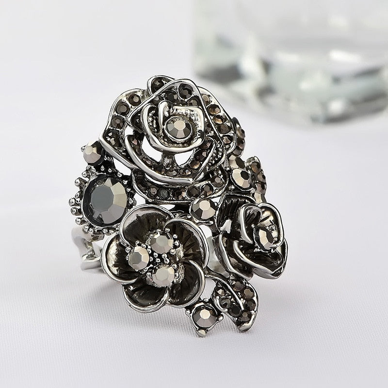 Black Rose with CZ Micro  Vintage Flower Rings
