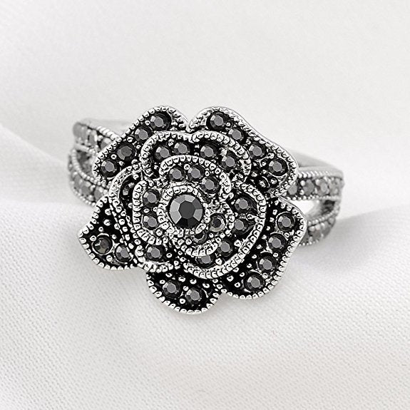 Black Rose with CZ Micro  Vintage Flower Rings