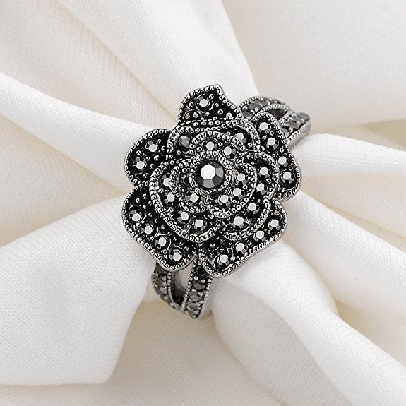 Black Rose with CZ Micro  Vintage Flower Rings