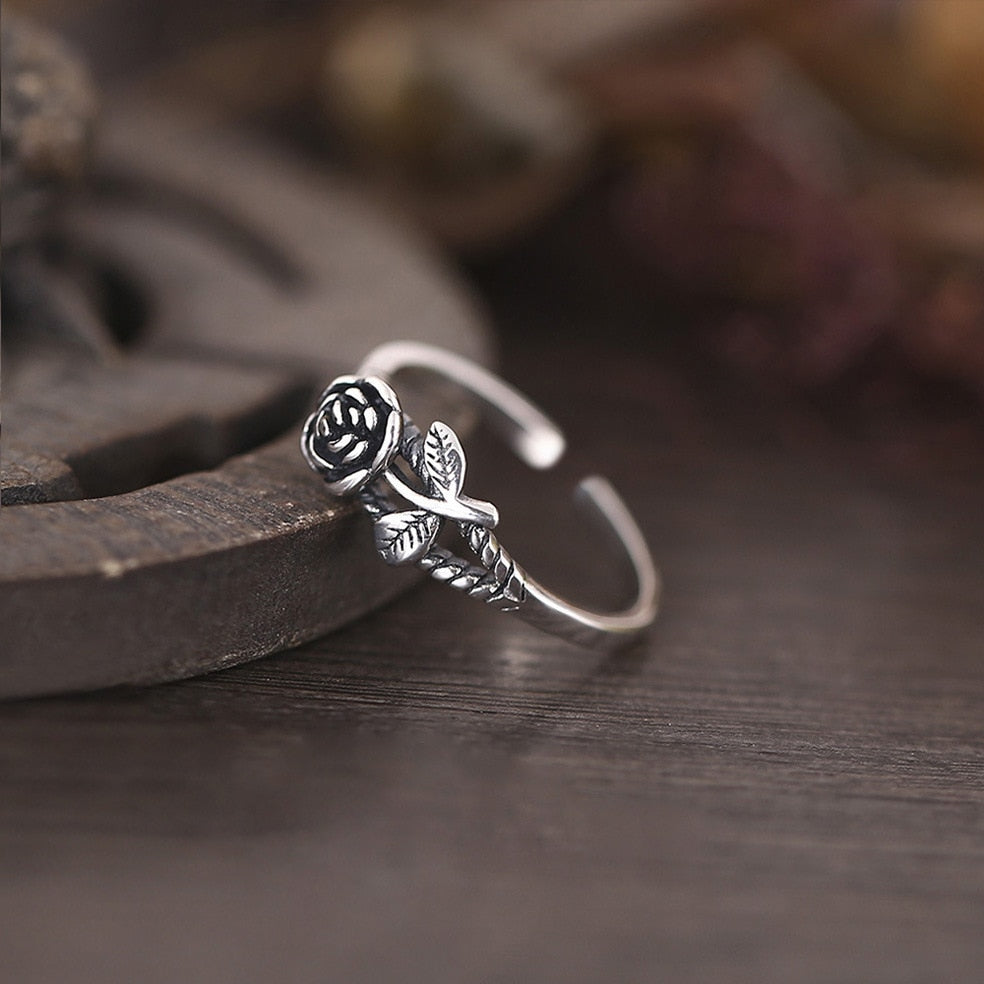 Black Rose with CZ Micro  Vintage Flower Rings