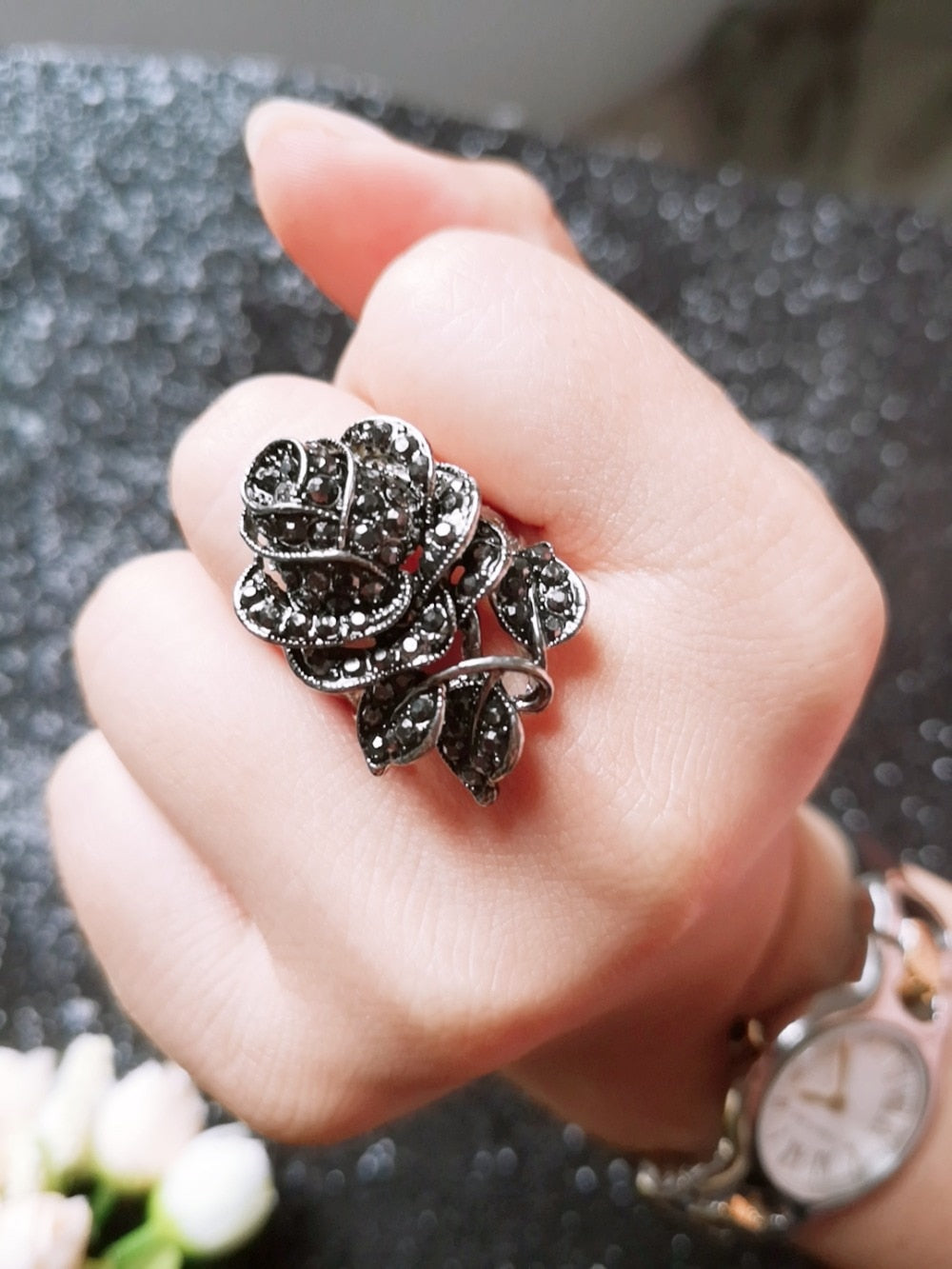 Black Rose with CZ Micro  Vintage Flower Rings