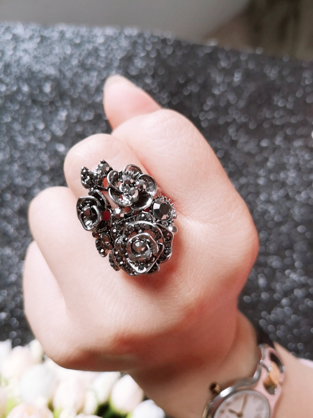 Black Rose with CZ Micro  Vintage Flower Rings