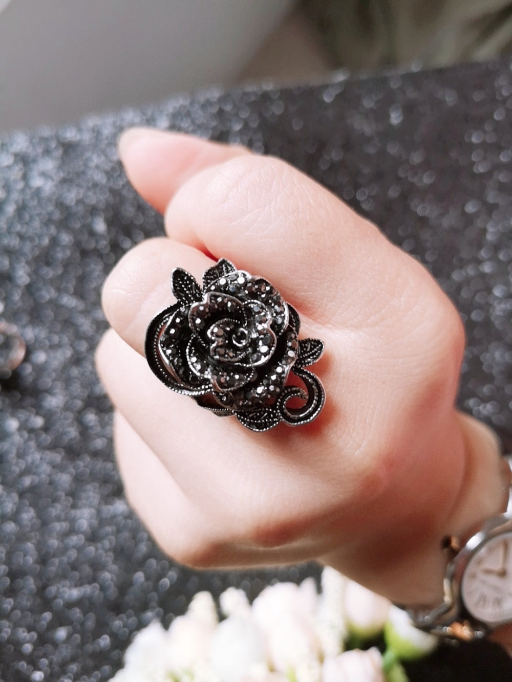 Black Rose with CZ Micro  Vintage Flower Rings
