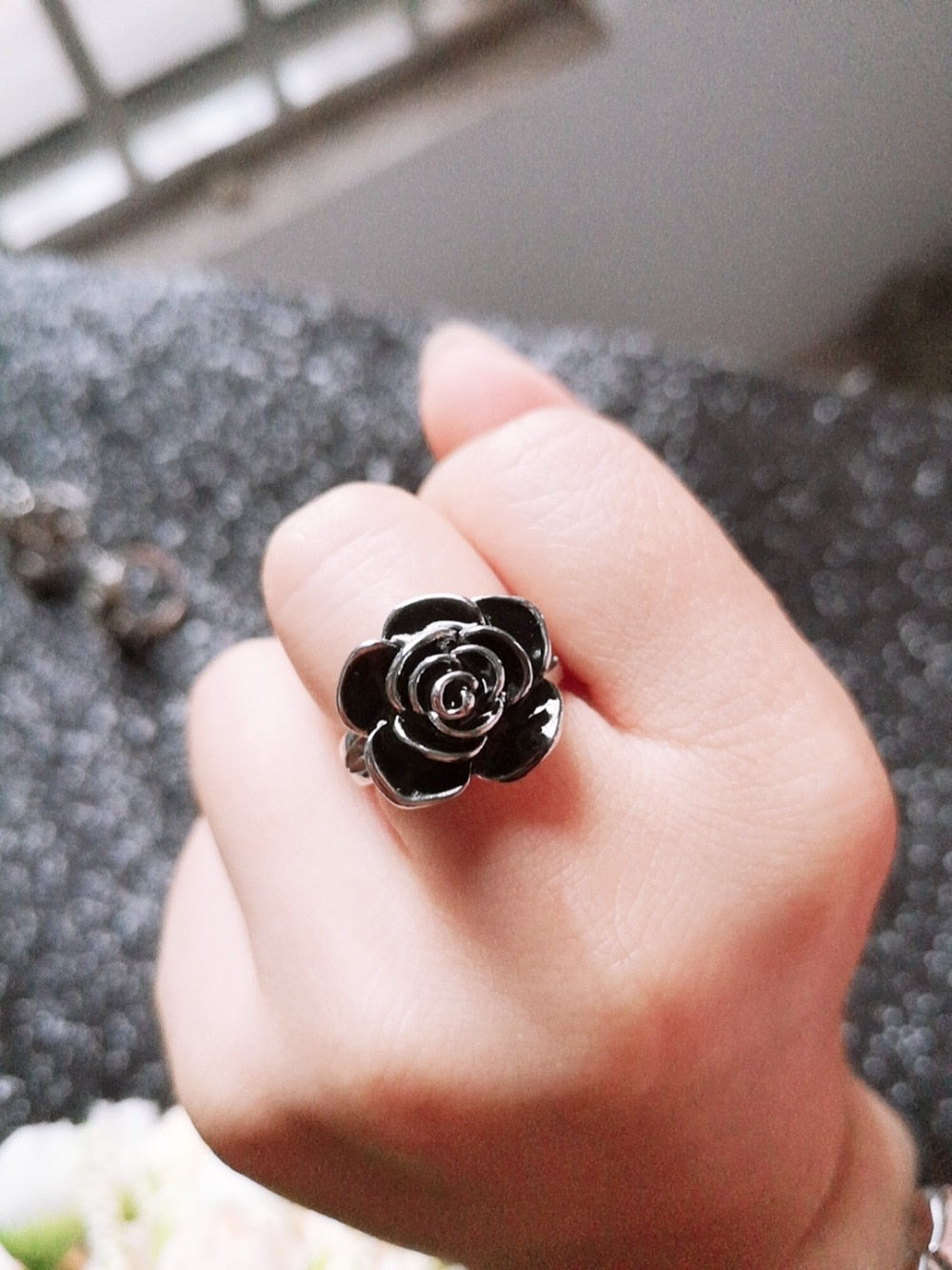 Black Rose with CZ Micro  Vintage Flower Rings
