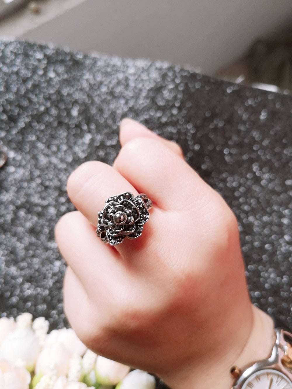 Black Rose with CZ Micro  Vintage Flower Rings