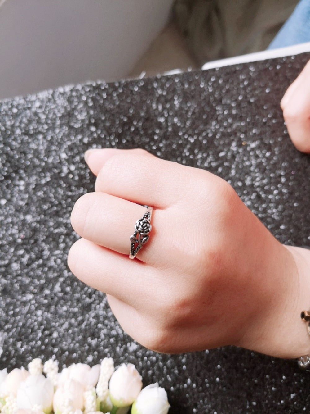 Black Rose with CZ Micro  Vintage Flower Rings