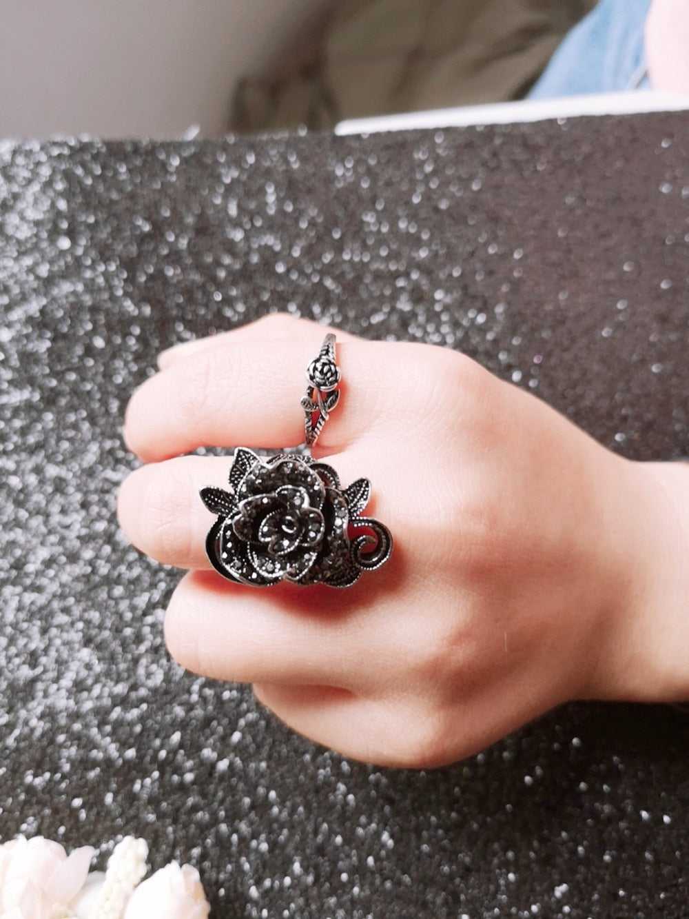 Black Rose with CZ Micro  Vintage Flower Rings