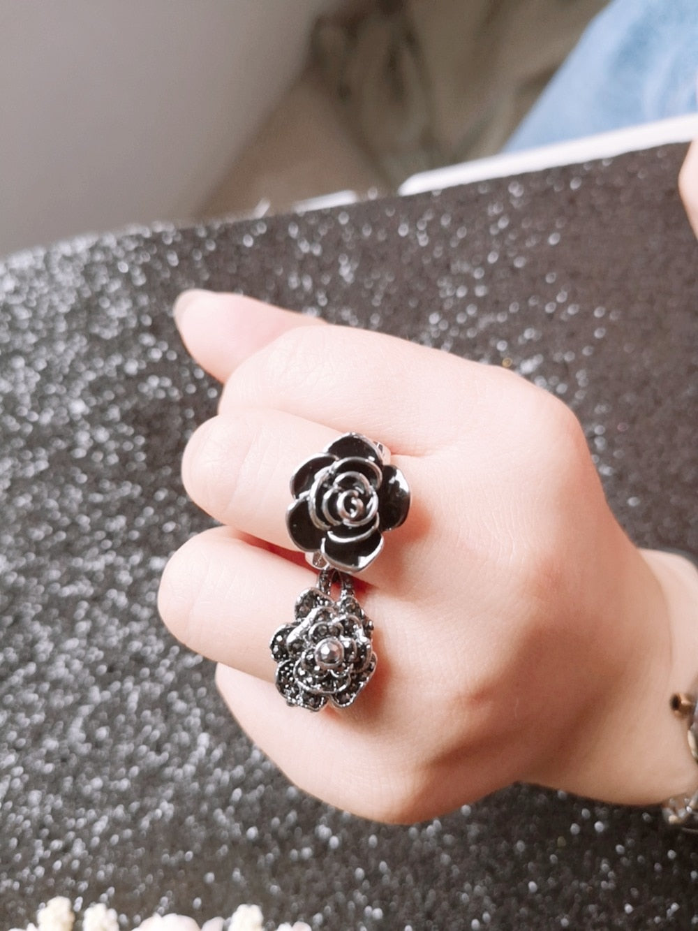 Black Rose with CZ Micro  Vintage Flower Rings