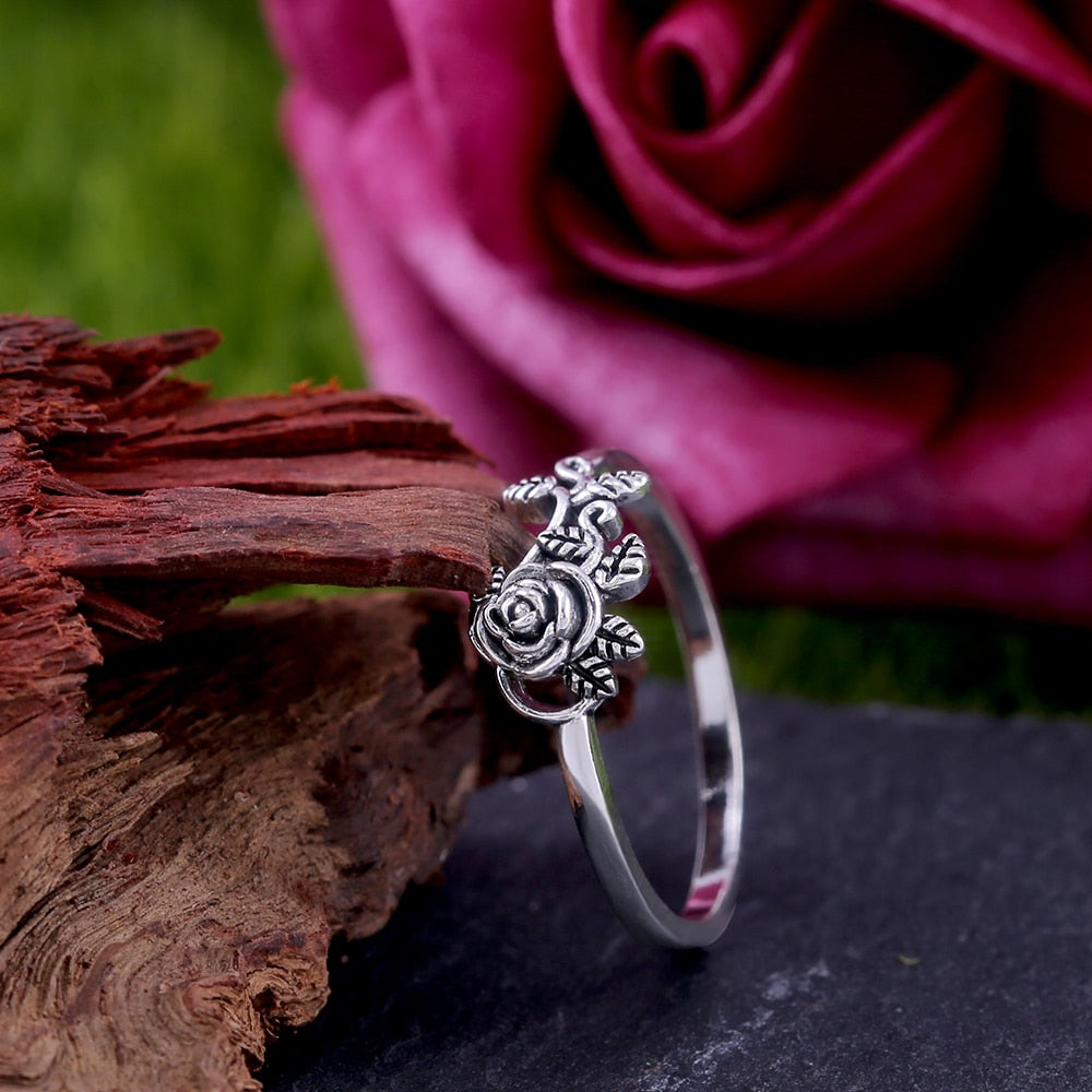 Black Rose with CZ Micro  Vintage Flower Rings