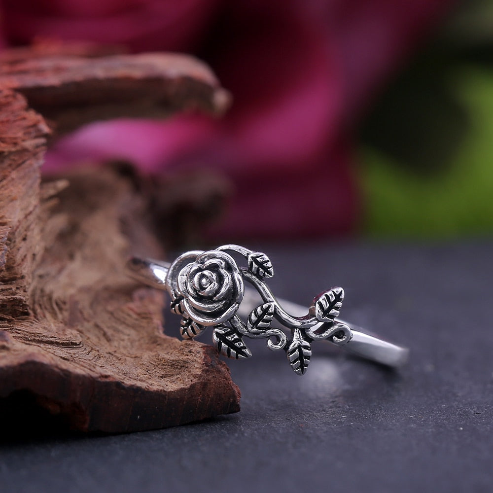 Black Rose with CZ Micro  Vintage Flower Rings
