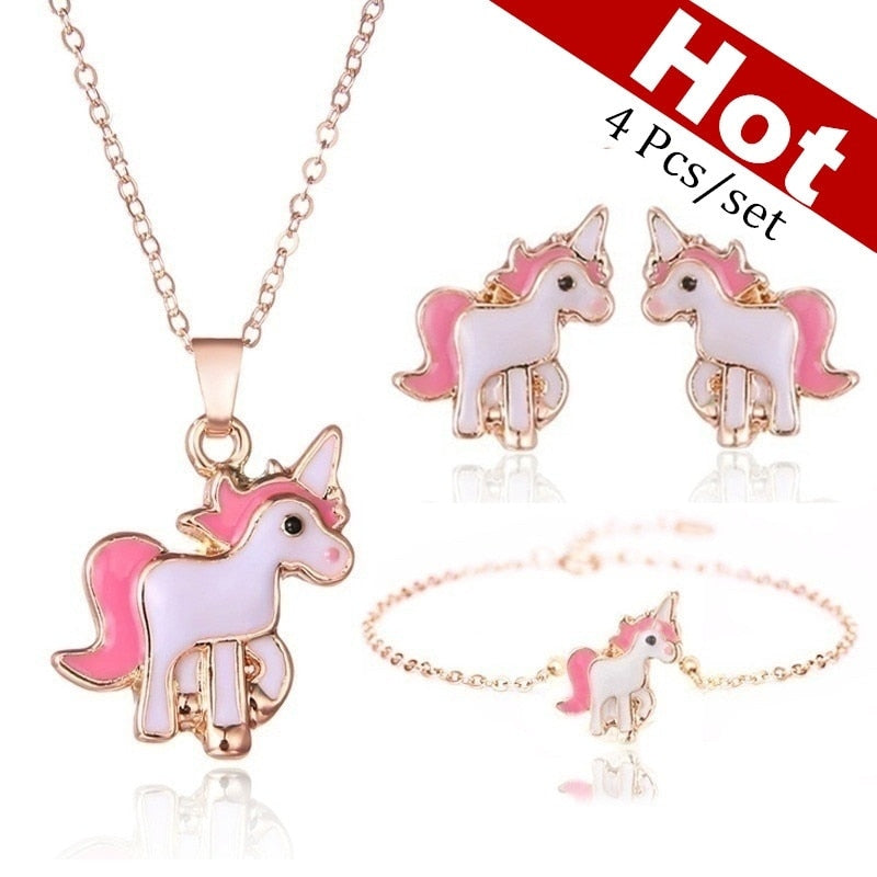Cartoon Unicorn Necklace Earrings 4 in 1 Jewelry Set