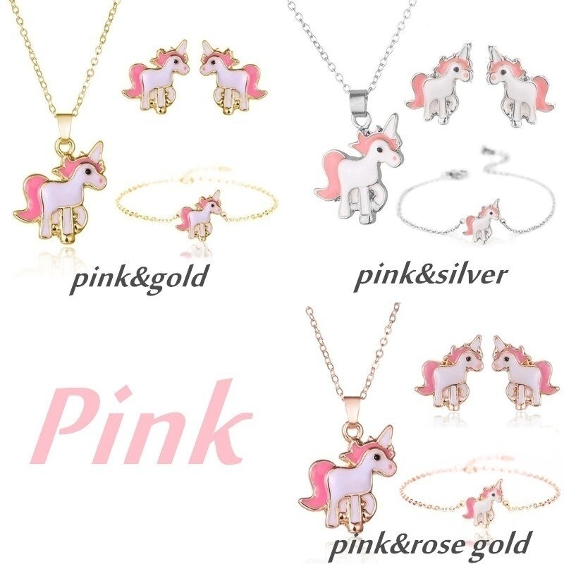 Cartoon Unicorn Necklace Earrings 4 in 1 Jewelry Set