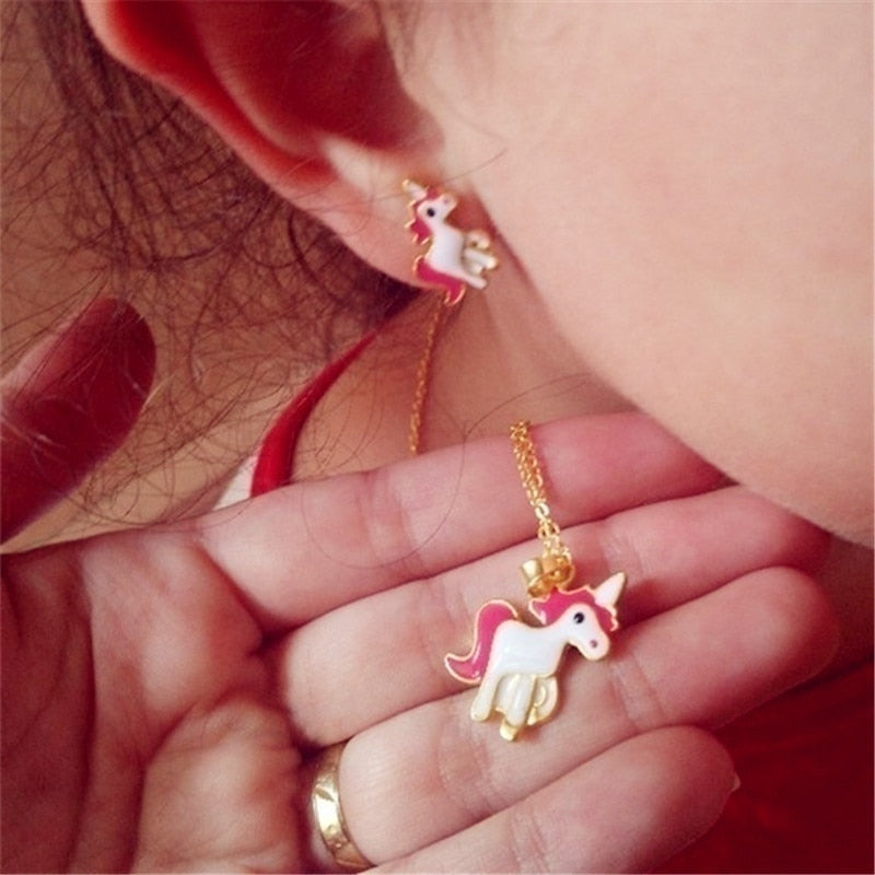 Cartoon Unicorn Necklace Earrings 4 in 1 Jewelry Set