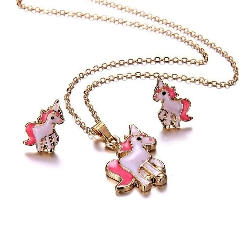 Cartoon Unicorn Necklace Earrings 4 in 1 Jewelry Set