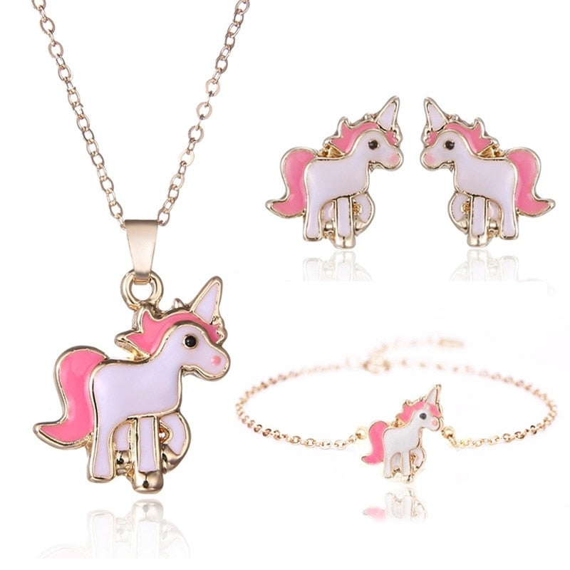 Cartoon Unicorn Necklace Earrings 4 in 1 Jewelry Set