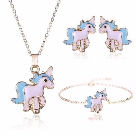 Cartoon Unicorn Necklace Earrings 4 in 1 Jewelry Set