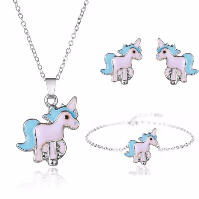 Cartoon Unicorn Necklace Earrings 4 in 1 Jewelry Set