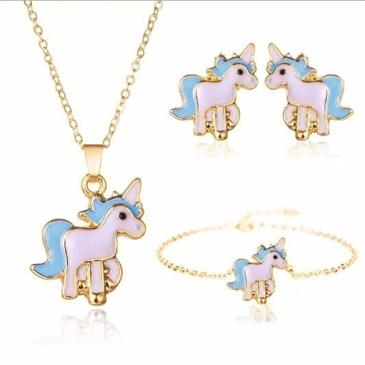 Cartoon Unicorn Necklace Earrings 4 in 1 Jewelry Set